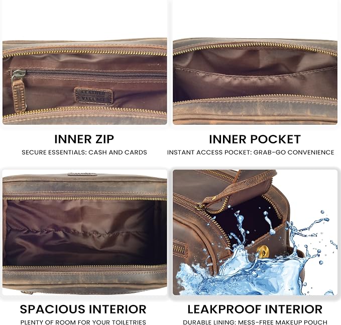 LEATHER VILLAGE Genuine Leather Toiletry Travel Bag With Waterproof Lining - Brown | King-Size Handcrafted Vintage Dopp Kit Bag, Shaving & Bathroom Organizer, Gift for Men & Women - Image 4