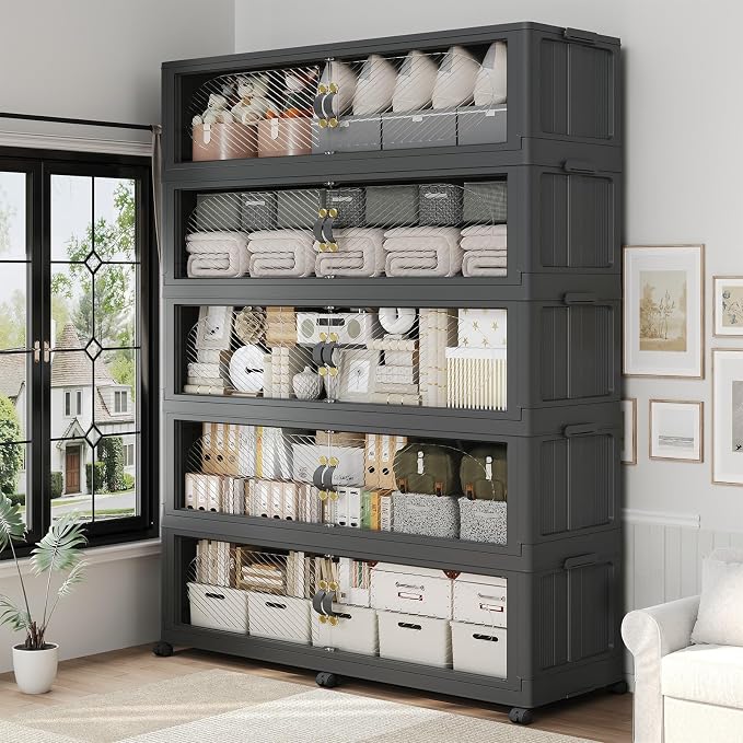 400Gal/1600QT 5-Tiers Extra Large Stackable Storage Bins with Lid, Collapsible Cabinet Closet Organizer Plastic Container Box with Wheels Doors Drawers for Office Dorm Kitchen, Black by Unknown