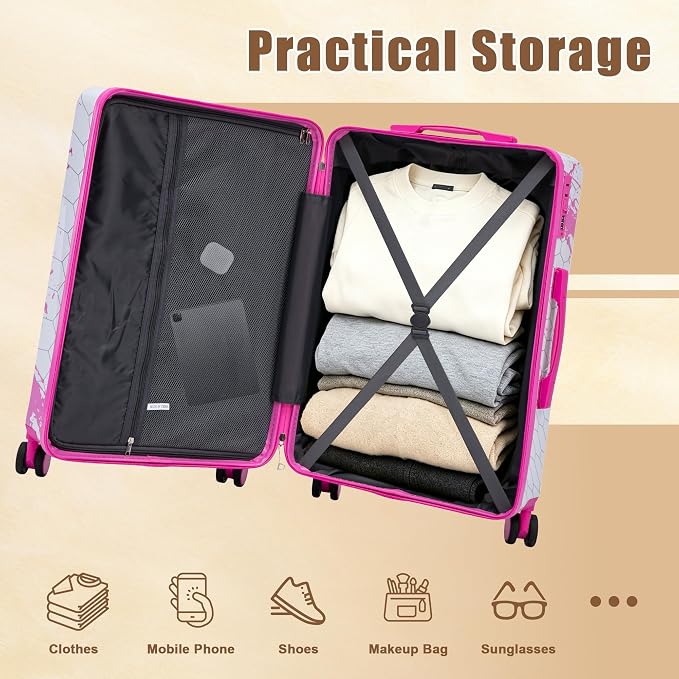 Hardside Luggage Sets, Lightweight Stripes Suitcase with Spinner Wheels, Pink-PC - Image 7