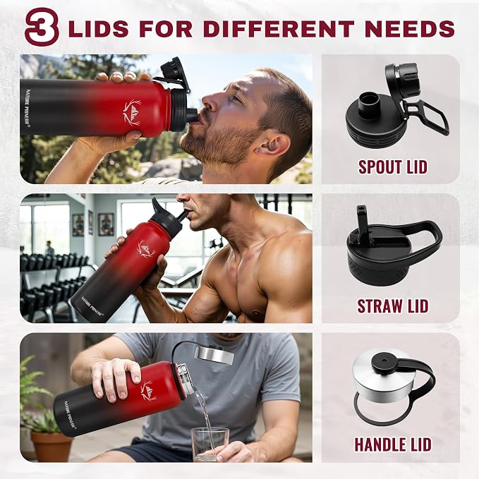 NATURE PIONEOR 40 oz Insulated Water Bottle with Carrier Bag & 3 Lids | 18/8 Food-grade Stainless Steel, Double Vacuum Insulation, 3 Leak-proof Lids, Strap, Camping, Hiking, Gym, Work - Image 5