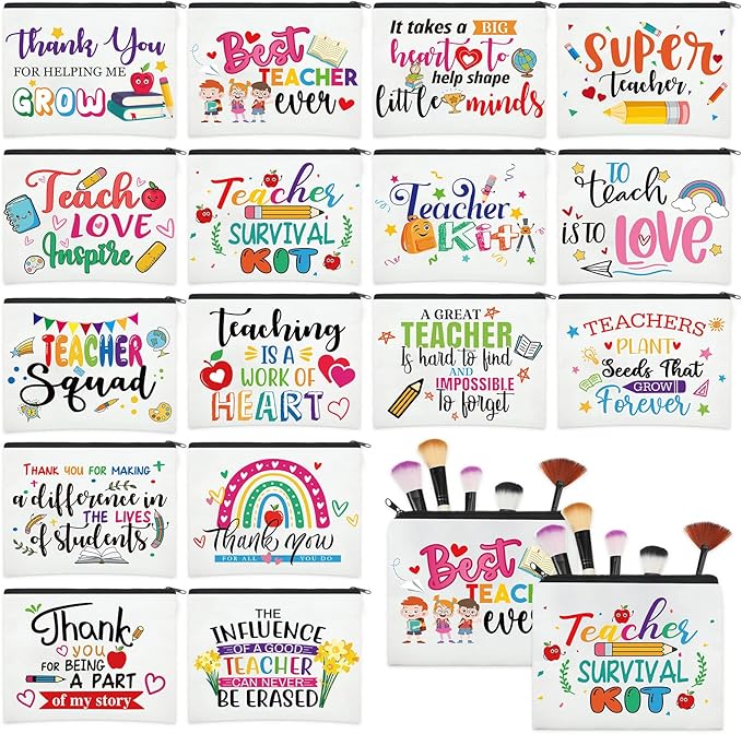 Hillban 32 Pcs Teacher Appreciation Gifts Bulk Colorful Appreciation Makeup Bag Funny Pencil Pouch for Women Thank You Gifts for Teacher Birthday Retirement(Cute) by Hillban