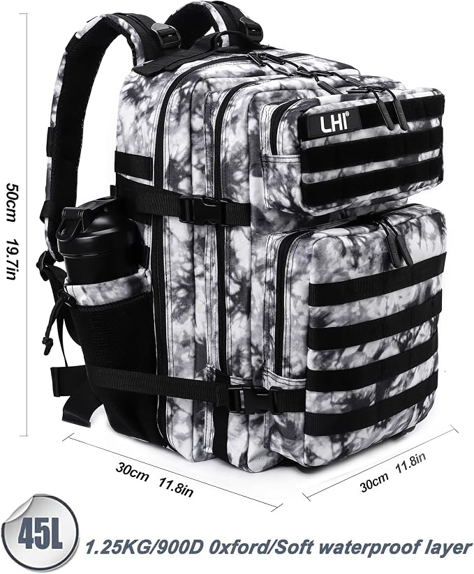 LHI Military Tactical Backpack for Men Molle Daypack 45L Army 3 Days Assault Pack Bag Large Rucksack With Bottle Holder Black and White(12*20*12) - Image 2