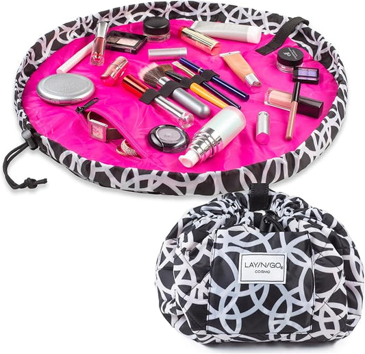 Lay-n-Go Cosmo Layflat Drawstring Cosmetic & Makeup Bag Organizer w/Zipper Pocket, Brush Loops & More, Cinch to Close, Lay Flat to Use, Durable, Machine Wash, Travel Toiletry Bag (20", Black/White) by Lay-n-Go