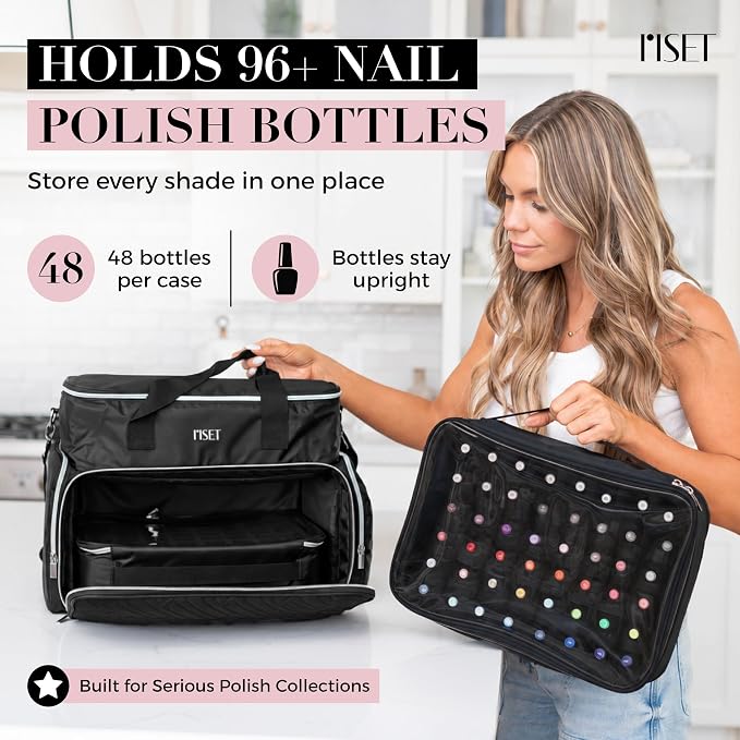 Nail Polish Organizer Case - Structured Spill-Proof Travel Bag with Reinforced Stitching, Strong Zippers, Removable Dividers - Extra Large Manicurist Storage Box in Luxury Gift-Ready Packaging - Black - Image 3