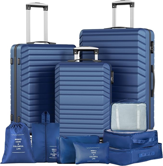 10 Piece Luggage Sets, 3 Piece Suitcase Set, 20 inch Carry on Luggage, 24 inch and 28 inch Checked Luggage with 7PC Packing Bags by Suitour
