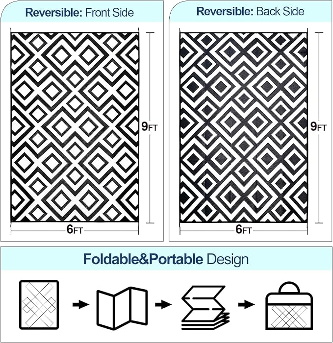 DiiKoo Outdoor Rug Mat for Patio, 6x9ft Waterproof Reversible Plastic Straw Rugs, Camping Carpet Area Mats for RV, Porch, Deck, Backyard, Balcony, Camper, Trailer, Black & White - Image 2