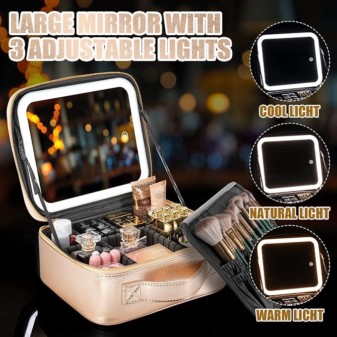 Extrei Gent Makeup Travel Train Case with Mirror LED Light 3 Adjustable Brightness Large Cosmetic Bag Portable Storage Adjustable Partition Waterproof Make up Brushes Makeup Jewelry Gift for Women - Image 5