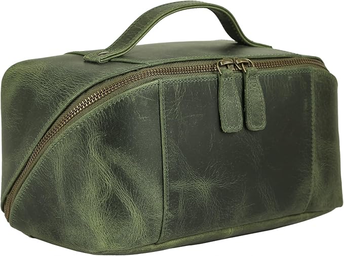 KomalC Luxury Leather Men’s Toiletry Travel Bag – Handmade Shaving Kit with Waterproof Interior, Spacious Storage & Carry Handle – leather travel Kit Bag for Men & Women (Green) by KomalC