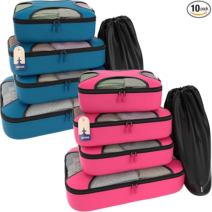 SHACKE | Premium 5 Packing Cubes Set (Precious Pink) & 5 Packing Cubes Set (Gentleman's Blue) | Lightweight Mesh Travel Luggage Organizers with Laundry Bag by Shacke