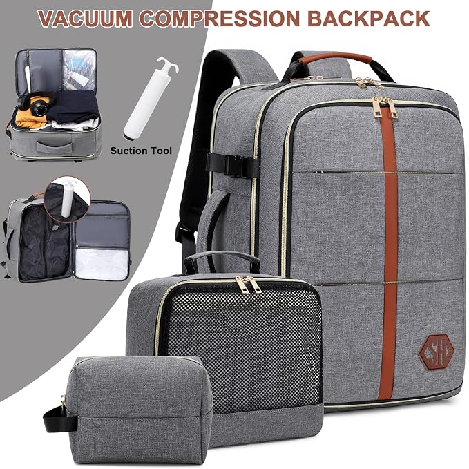 40L Travel Laptop Backpack for Women & Men, Airline Approved Carry On Luggage Overnight Bags, Waterproof Personal Item Bag, Weekender Essentials Backpacks Vacuum Backpack Gray - Image 4