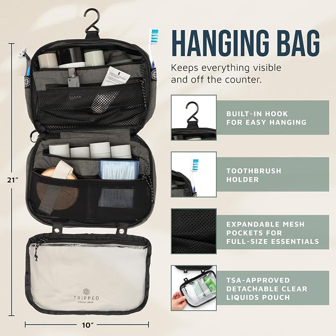 Toiletry Bag Kit 3 Piece Set: Hanging Travel Toiletry Bag + 311 TSA Cosmetic Liquid Bag + Accessory Organizer Pouch - Image 3
