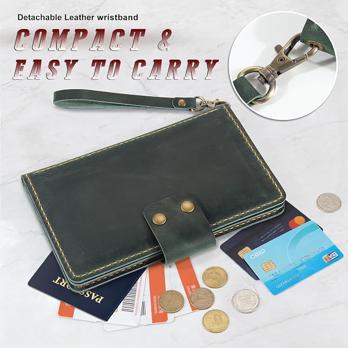 Handmade Genuine Leather Family Passport Holder | Travel Document Organizer Holds 4 Passports | Vintage Wristlet Wallet with Credit Card Slots (Green) - Image 5