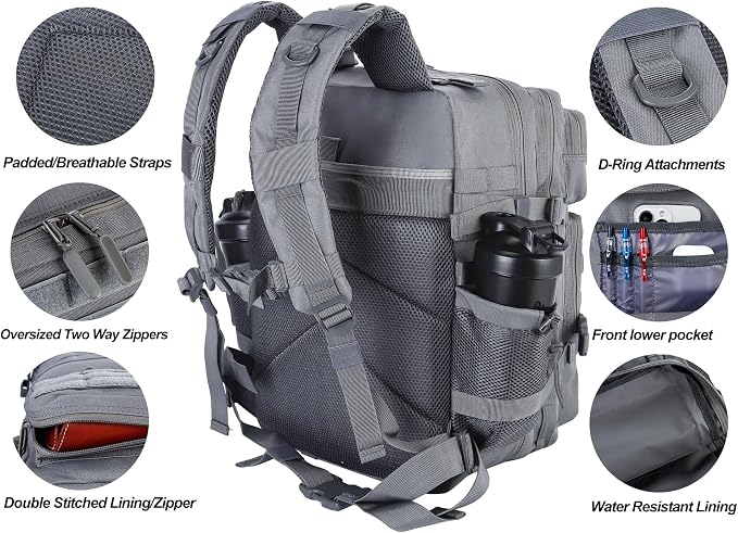 LHI Military Tactical Backpack for Men and Women 45L Army 3 Days Assault Pack Bag Large Rucksack with Molle System - Grey - Image 6