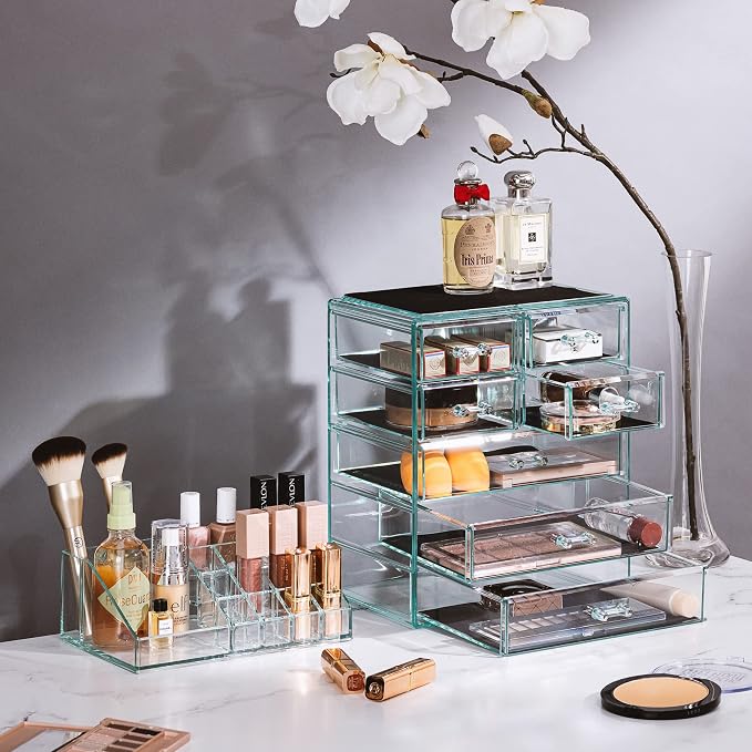 Sorbus Acrylic Makeup Organizer Set, 7-Drawer Vanity & Countertop Cosmetic Storage with Small & Wide Compartments, Teal Thrill Makeup Storage for Brushes, Jewelry – Holiday Gift for Women & Teens - Image 2