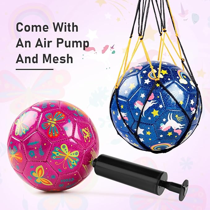 ZOOJOY Soccer Ball Size 2, 2 Pack Cartoon Ball with Pump Mesh Bag, Butterfly & Unicorn Toddler Girls Toys for 1 2 3 4 5 6 Years Old, Christmas Girls Boys Gifts for Indoor Outdoor Play Balls