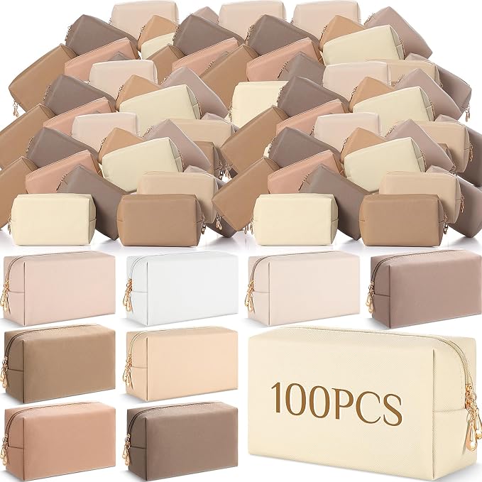 100 Pack Aesthetic Makeup Bags Bulk PU Leather Cosmetic Pouches Waterproof Toiletry Bags Makeup Pouches Bulk for Teen Girls Women Party Gift Travel Storage Back to Teacher Gift (Neutral) by Cunno