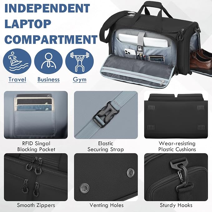 Convertible Garment Duffle Bags for Travel, Garment Bag with Shoe & Laptop Compartment, 2 in 1 Carry on Suit Garment Bags for Men Women, All in One Hanging Suit Travel Bag for Airplanes, 55L - Image 4