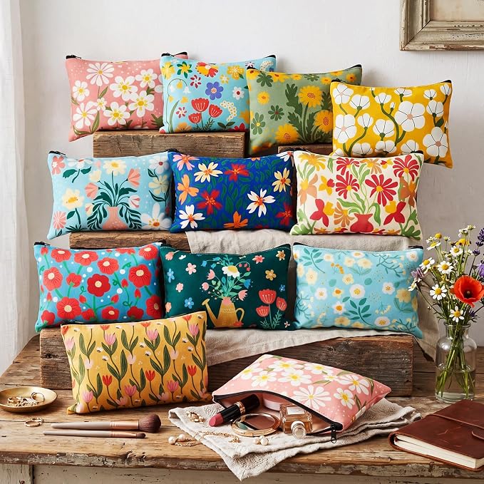 Sweetude 24 Pcs Colorful Floral Makeup Bag Bulk Portable Travel Cosmetic Bags with Zipper Simple Flower Waterproof Roomy Travel Toiletry Organizer Storage Beauty Pouch for Women Gifts - Image 2