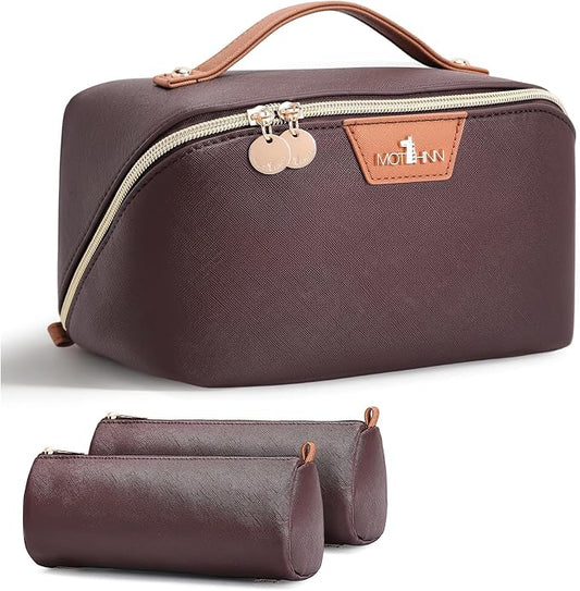 Travel Makeup Bag for Women: 3-in-1 Large Capacity Cosmetics Organizer with 2 Detachable Pouch - Vegan Leather Flat Open Toiletry Bag - Travel Essentials for Full-Sized Bottles(Coffee) by Unknown