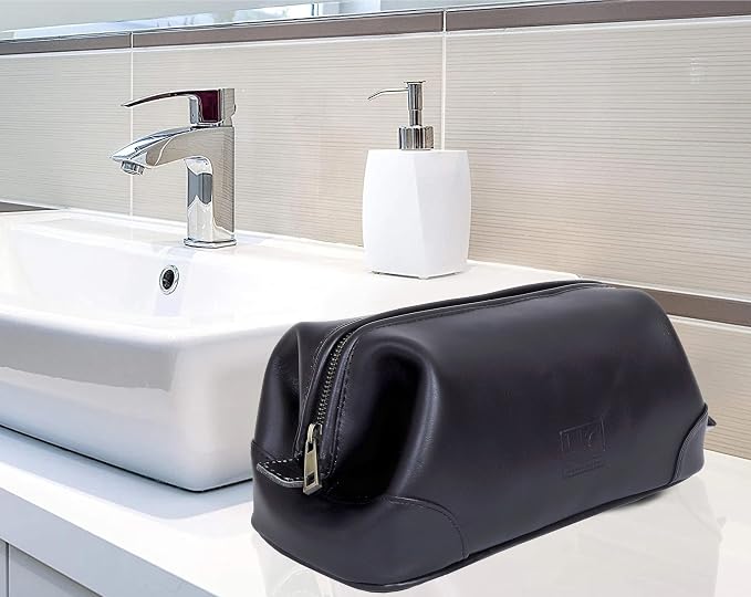 HLC Leather Toiletry Bag for Men Best Gift Premium Genuine Dopp Kit Shaving Kit Organizer Travel Kit Pouch Bag 10 inch Size (Black) - Image 3