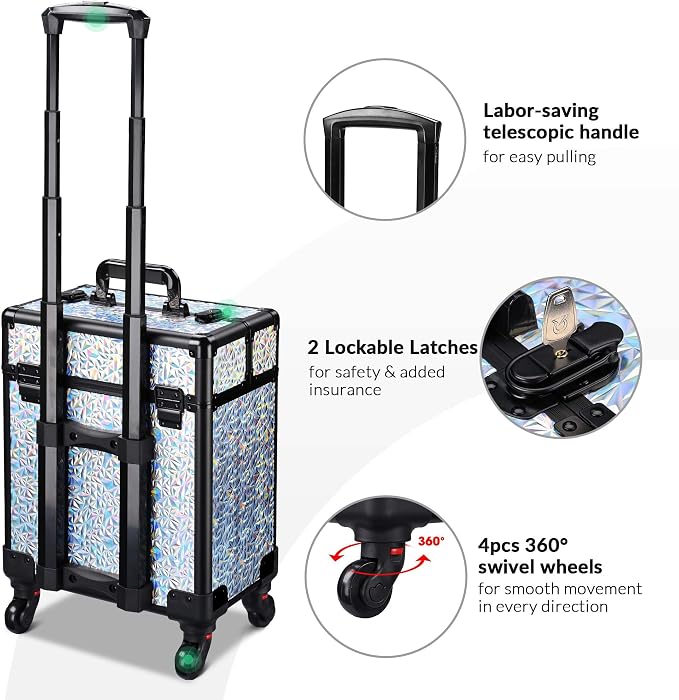 BYOOTIQUE Rolling Makeup Case Cosmetology case on wheels Makeup Artist Nail | Aluminum Rolling Makeup Suitcase with 360° Detachable Wheel Lockable 44Lb Large Capacity Organizer Nail Tech Mermaid Silver - Image 4