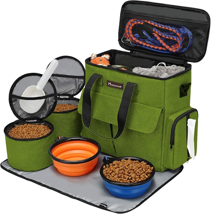 Modoker Dog Travel Bag with 2 Food Bags, 2 Bowls and 1 Mat (Green) | Roomy Main Compartment | Multiple Functional Pockets | Water-Resistant Oxford Fabric | PVC Backing | Leak-Resistant Lining - Image 7