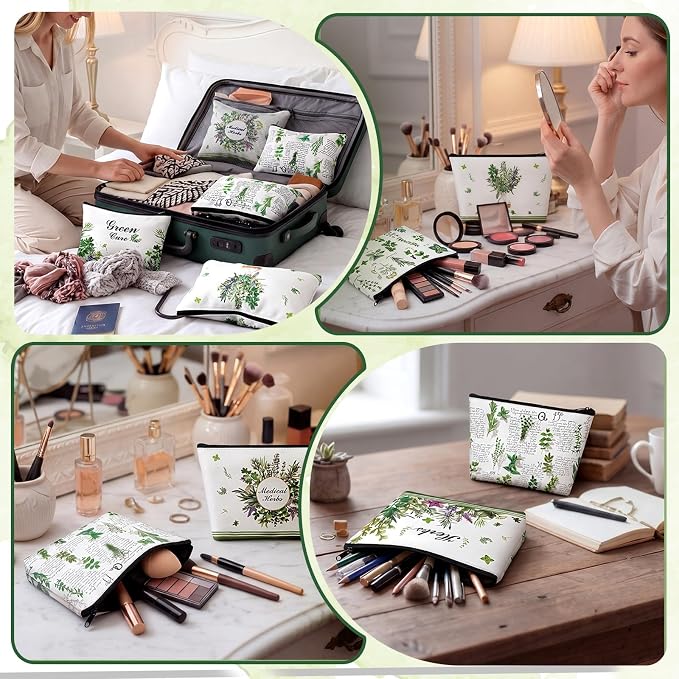 Sweetude 12 Pcs Green Plant Makeup Bag Bulk Vanilla Portable Travel Cosmetic Bags with Zipper Plant Grass Waterproof Roomy Travel Toiletry Organizer Storage Beauty Pouch for Women Plants Lover Gifts - Image 5