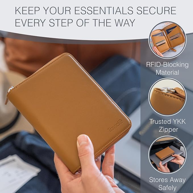 Full Grain Leather Passport Holder for 2 Passports - Dual Passport Holder and Travel Documents Organizer - RFID Travel Wallet for Couples - Camel - Image 4