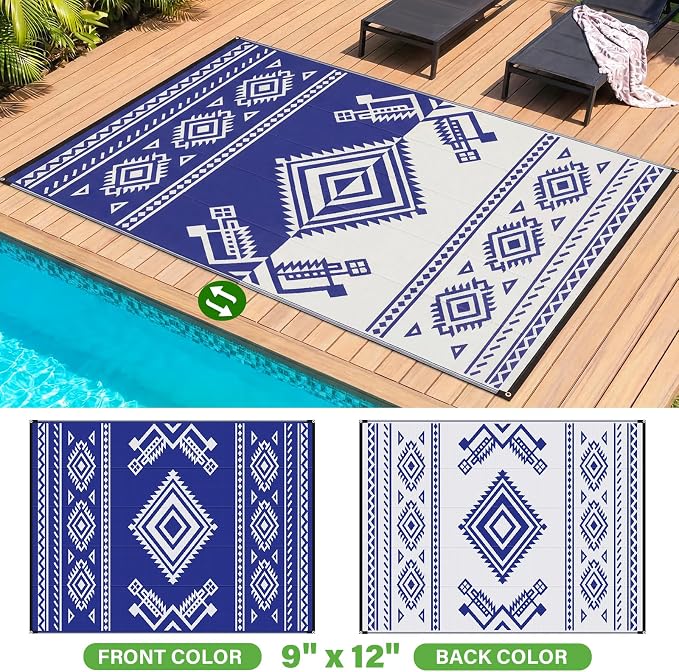 GOTGELIF 9x12 ft RV Camping Rug Waterproof, Large Reversible Bohemian Outdoor Plastic Straw Mat with Carry Bag, 4 Stakes & Seam, UV-Resistant Portable Carpet for Patio Pool Beach Deck (Blue & White) - Image 2