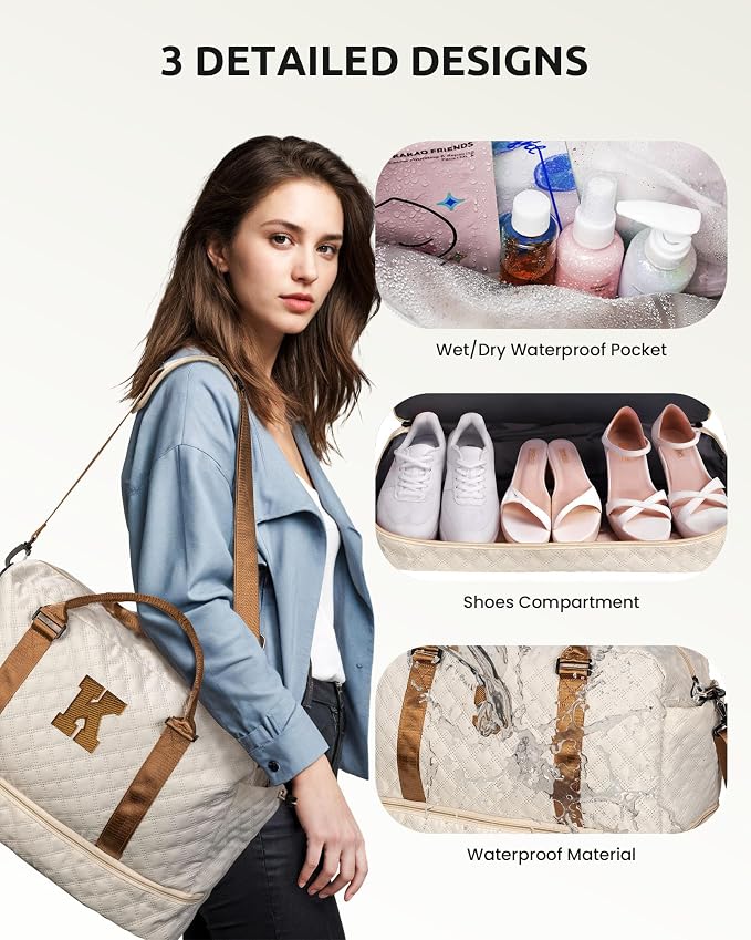 Girls/Kids Initial Duffle Bag with Shoe Compartment, Kids Personalized Travel Bags with Makeup Bag for Women with Trolley Sleeve & Wet Pocket, Gifts for Teenage Girl(Letter E) - Image 6