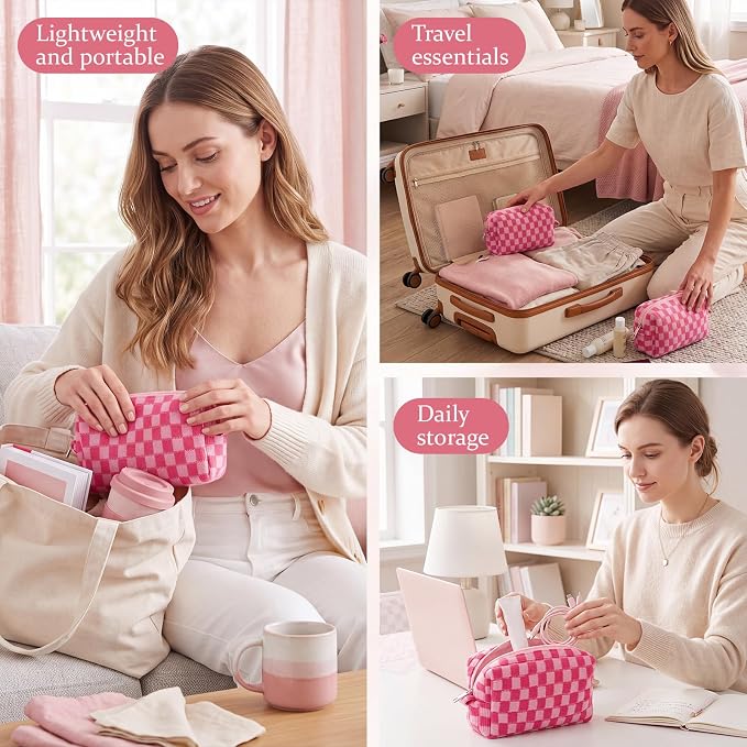 Gilprop 12 Pcs Checkered Makeup Bag for Purse Small Cosmetic Pouch Bulk Portable Zipper Makeup Pouch Travel Toiletry Organizer Gifts for Women Bridesmaid Wedding Party Favors (Hot Pink) - Image 5