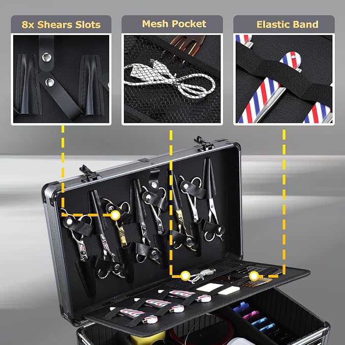 Yueieoun Professional Barber Case - Portable Barber Tool Case Hair Clipper Organizer with Combo Locks, Detachable Trays for Clippers, Shears, Razors, Trimmers - Secure Storage for Barbershop or Travel - Image 3
