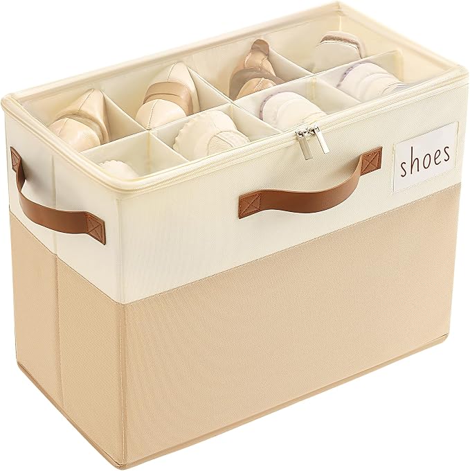 Varhomax Shoe Organizer Box for Closet, Small Fabric Shoe Storage Bin with Adjustable Dividers & Clear Cover, Saving Space Sneakers & Sandals Containers for Entryway, Cubby by Varhomax