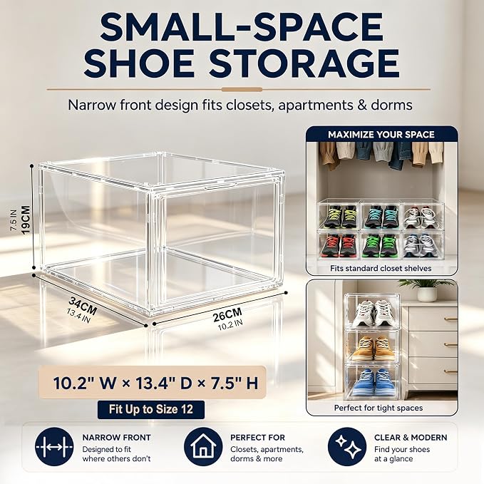 12 Pack Clear Acrylic Shoe Boxes Fit Size 12, Front Door for Small Closets | 10.2 x 13.4 x 7.5 in stackable shoe display case for apartments, dorms, entryways and compact closets. Fits up to US size 12 - Image 2