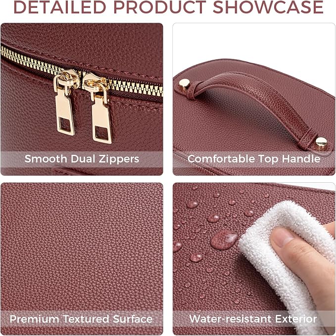BAGOK Leather Vanity Case Makeup Bag with Removable Divider, Washable Compartments, Dual Zipper & Carry Handle – Travel Toiletry Organizer for Women - Image 4
