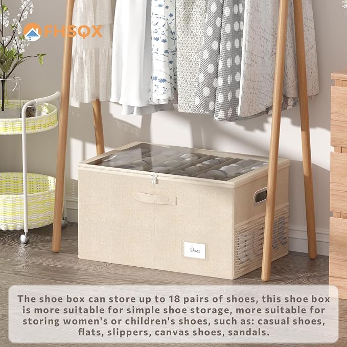 2 Pack Shoe Organizer for Closet Large Shoe Box Storage Containers with Clear Window Space Saving Shoe Bin with Foldable Bottom Support Adjustable Dividers Fits 36 Pairs (Beige, (24.4*16.5*13inch)x2) - Image 4