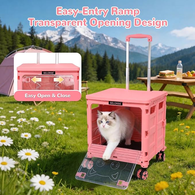 FELICON SELORSS Folding Utility Cart Portable Rolling Crate Handcart-Pink | Magnetic Sliding Lid+Lockable Transparent Front Panel,Telescoping Handle,4 Swivel Wheels Tote for Travel Shop Office Teacher - Image 2