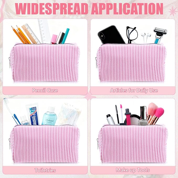 Giesiery 8 Pcs Seersucker Makeup Bags Striped Cosmetic Bags Bulk Organizer for Women Preppy Travel Toiletry Pouch for Wedding Bridesmaid Bride Favor Mom Gift (pink, Medium) - Image 5