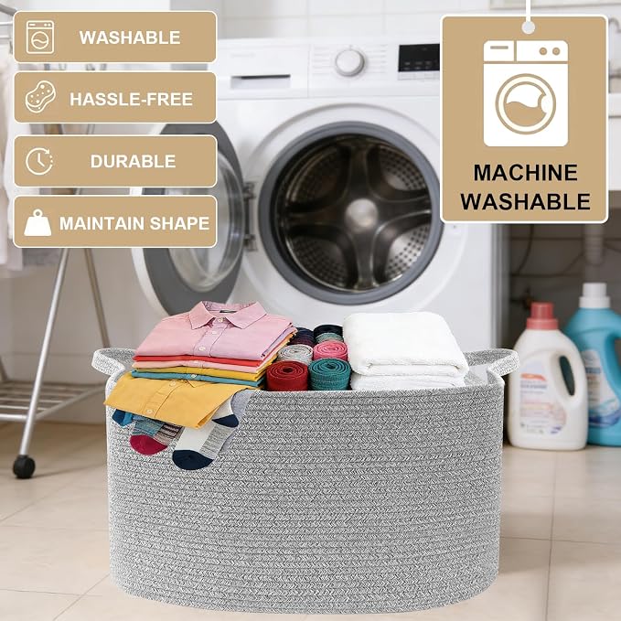 65L Collapsible Woven Rope Laundry Basket with Handles, Grey | 21x16x12 Foldable Rectangular Blanket Basket for Toys, Clothes & Pillows,Ideal for Nursery, Bathroom, Bedroom, Living Room - Image 6
