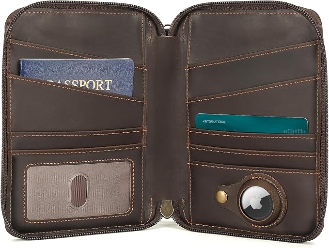 Polare Full Grain Leather Family Passport Wallet for 4 Passports, RFID Blocking Bifold Passport Cover Travel Document Organizer Holder for Women and Men (Dark Brown with AirTag Slot) by polareoriginal