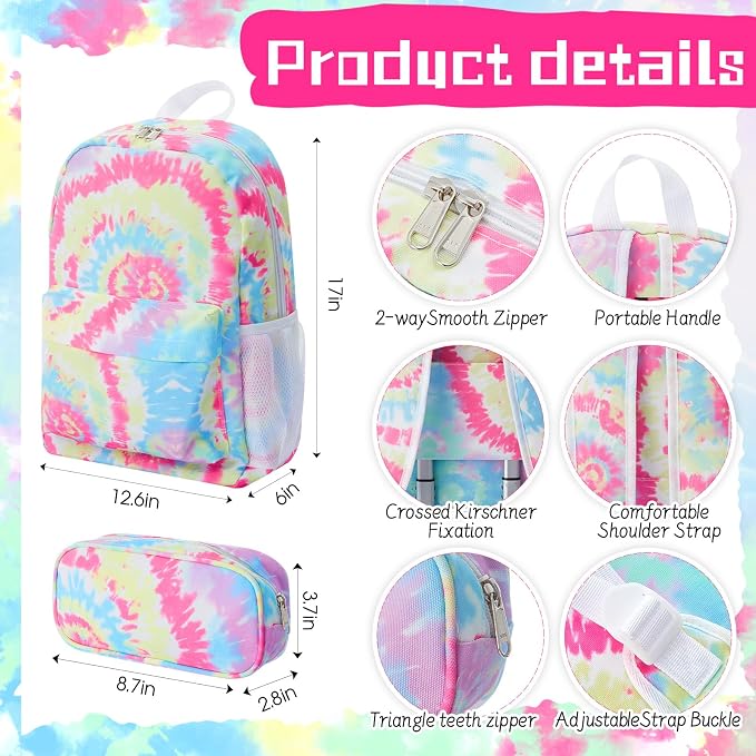 Redbaker 6 Pcs Kids Luggage Set, 17 Inch Rolling Suitcase with Backpack Lunch Bag Neck Pillow, Tie-dye Travel Set for Summer Vacation Sleepover Back to School Gift - Image 4