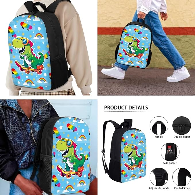 Mumeson Cartoon Dinosaur 3 Piece Backpack Set for Boys Girls,17inch Bookbags with Lunch Bag and Pen Case Bag Cool High School Book Packs Satchel Laptop Bags - Image 4