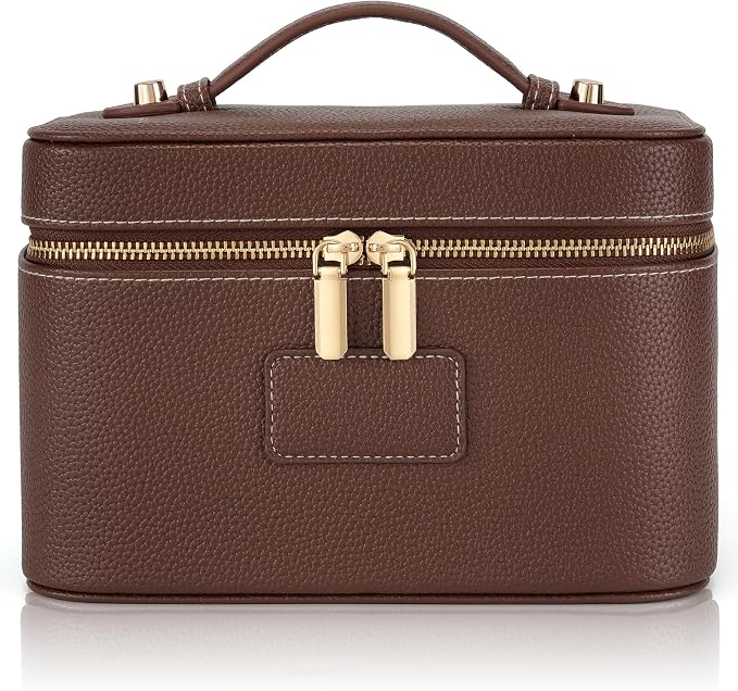 Makeup Bag Travel Toiletry Leather Cosmetic Case, Waterproof Makeup Organizer with Brush Holder, Wipe Clean Removable Divider Vanity Train Bag for Women, Brown Coffe by Unknown