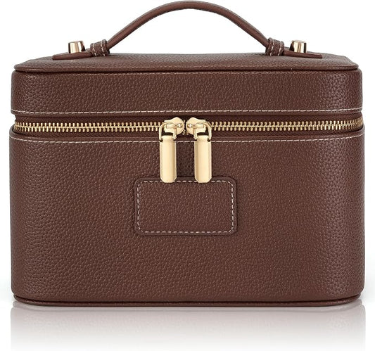 Makeup Bag Travel Toiletry Leather Cosmetic Case, Waterproof Makeup Organizer with Brush Holder, Wipe Clean Removable Divider Vanity Train Bag for Women, Brown Coffe by Unknown