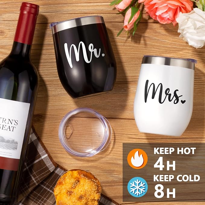 Wedding Gifts for Couples, Mr and Mrs Wine Tumblers Gifts - Engagement, Bridal Shower, Newlywed, His & Hers, Valentines Day, House Warming-Insulated Wine Cooler Tote Bag w/ Wines Accessories Gift Set - Image 5