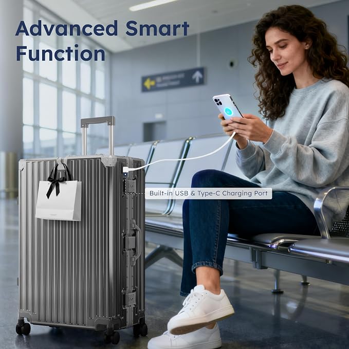ALPHA CAMP Checked 28 Inch Luggage, Thickened Aluminum Frame Luggage with TSA Spinner Wheels, 3-Layer PC Hard Shell Zipperless Travel Suitcase, TypeC USB Charging Port, Cup Holder Grey - Image 8