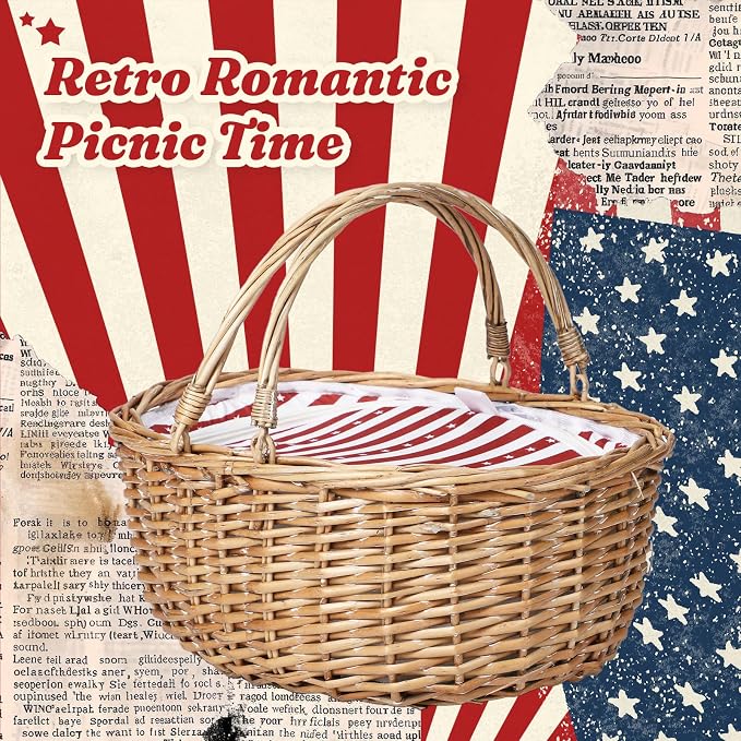 Wicker Picnic Basket with Insulated Lined Bag 15“ x 11” x 7“ Red, White Star Stripe Pattern, Iced Beer Insulated Bag for Camping, Picnics, Birthday Gifts, Wedding Gifts - Image 8