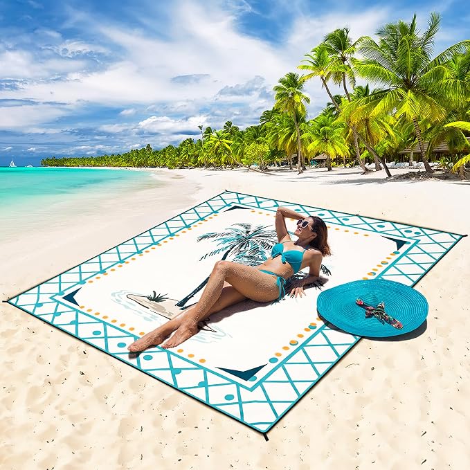 HIHOHO Beach Blanket Waterproof Sandproof Beach Mat 79”x 83” for 1-8 Adults Quick Drying Durable Outdoor Picnic Mat for Beach Festival Travel Camping Hiking (Flower Cocotree, 79"×83"(4 Person)) - Image 2