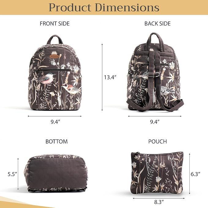 Maison d' Hermine Backpack for Women Men Cotton Shoulder Multipurpose Rucksack with Small Pouch Lightweight Multi Pocket Bag for Travel Work Perfect for Spring Summer (Meadow Florals - Brown) - Image 5