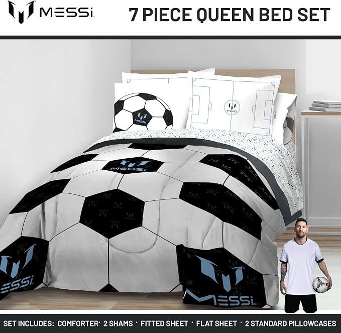 Jay Franco Kids Comforter Set Includes Sheets and Pillow Cover - Soft and Cozy Bed Set for Stylish Room Décor, White - Messi, 7 Piece Queen - Image 2
